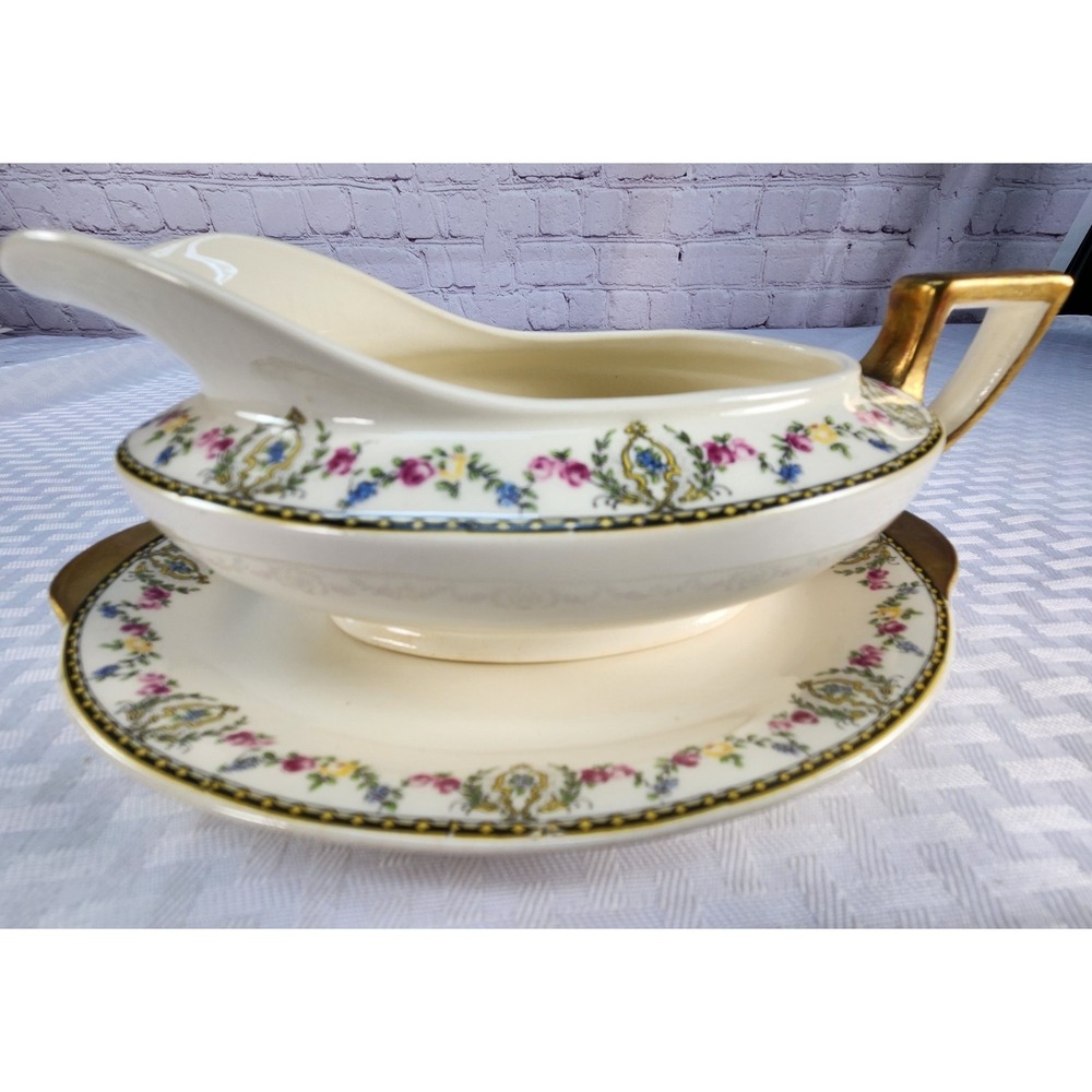 Rare Homer Laughlin Kwaker Floral & Black Check Gravy Boatโ & Tray Set K7N5 L7NF
